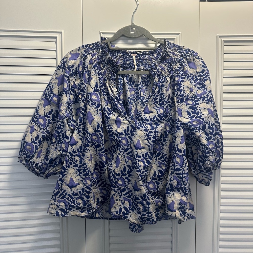Free People Blue and White Floral Smocked Peasant Blouse